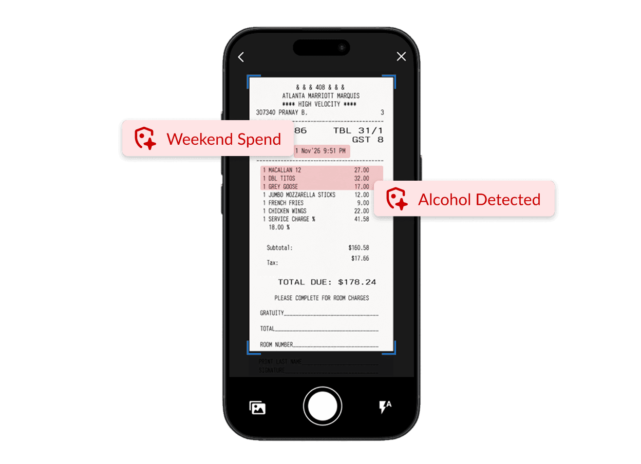 Smartphone screen showing a scanned receipt with red alerts for "Weekend Spend" and "Alcohol Detected."