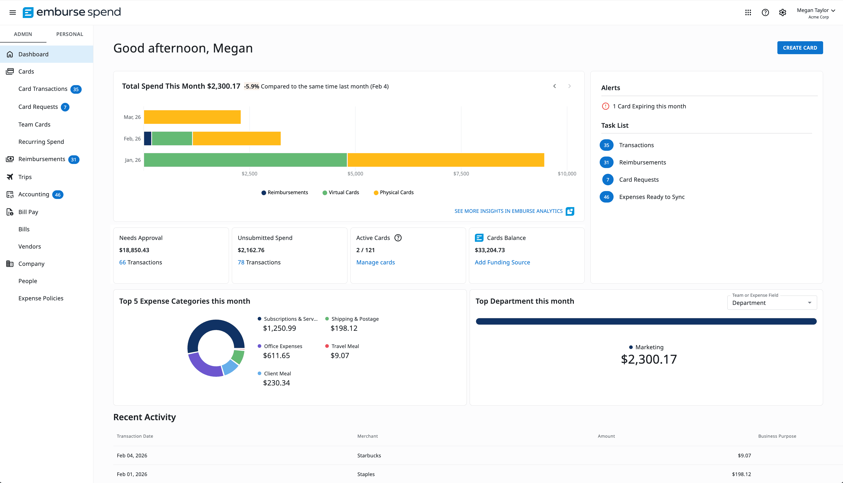 Emburse Spend dashboard displaying financial overview, spending trends, expense categories, and a task list.