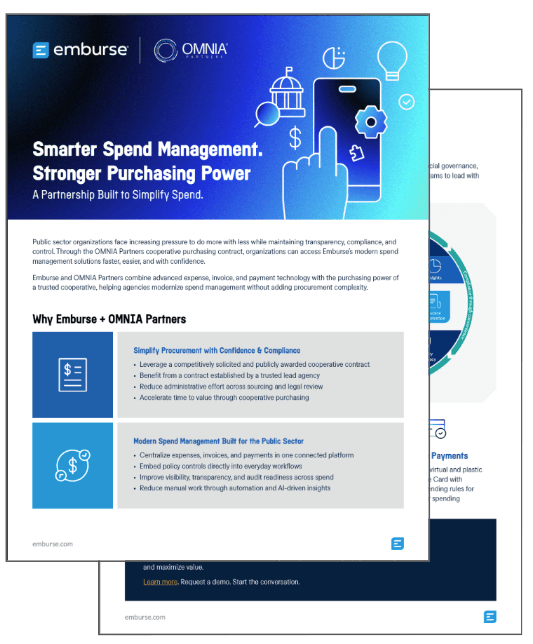 Flyer for Emburse and OMNIA Partners titled "Smarter Spend Management. Stronger Purchasing Power."