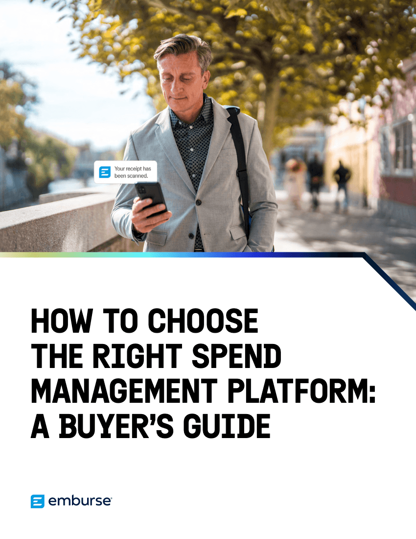 Cover for Emburse's buyer's guide: "How to Choose the Right Spend Management Platform," showing a man receiving a "receipt scanned" notification on his phone.