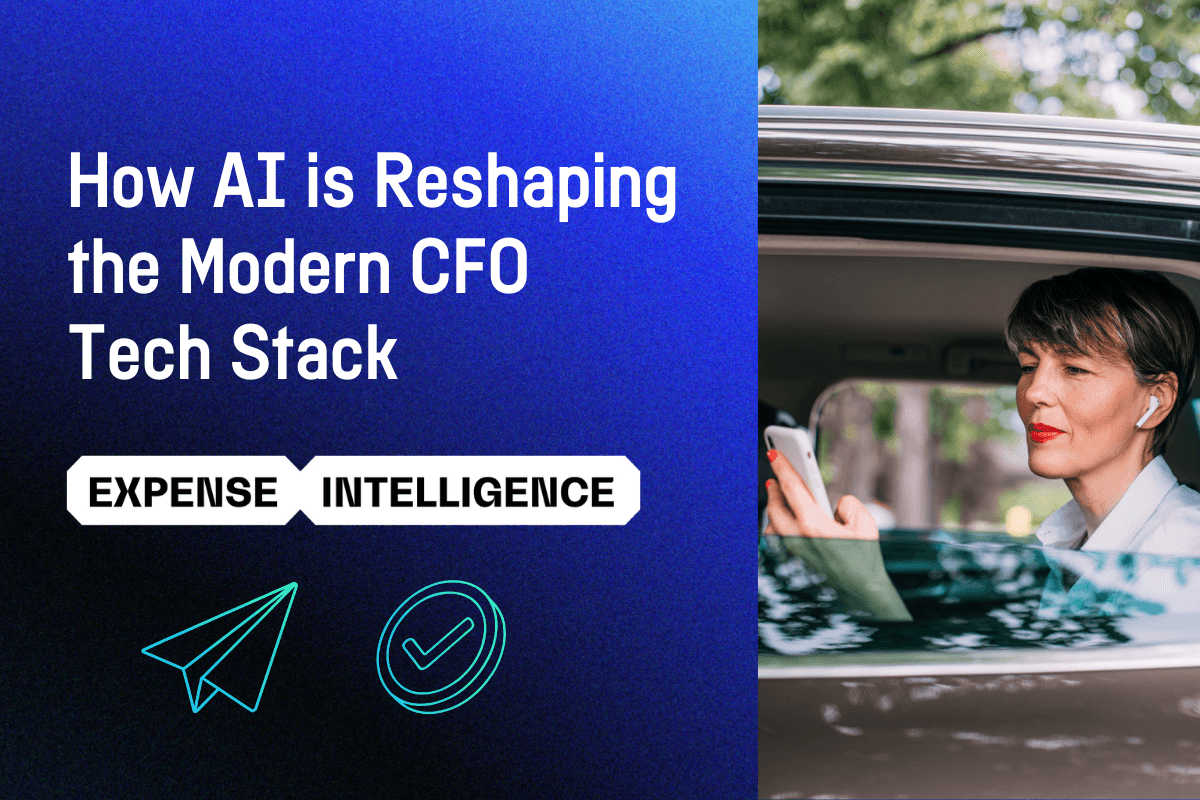 Image promoting AI in finance, featuring text "How AI is Reshaping the Modern CFO Tech Stack" and "EXPENSE INTELLIGENCE" alongside a woman using a smartphone in a car.