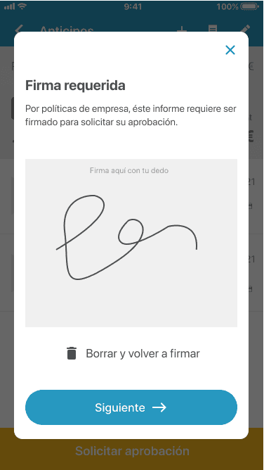Mobile app showing a pop-up titled "Firma requerida" (Signature required) with a handwritten signature and a "Siguiente" (Next) button.