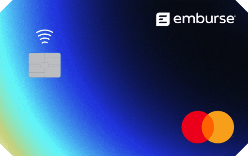 Emburse Mastercard credit card with a blue gradient, contactless symbol, and chip.
