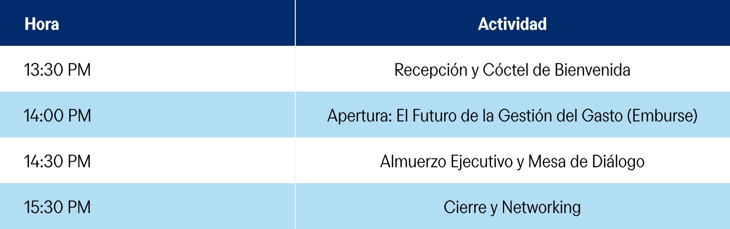 Schedule of events: 13:30 PM - Reception and Welcome Cocktail; 14:00 PM - Opening: The Future of Expense Management (Emburse); 14:30 PM - Executive Lunch and Dialogue Table; 15:30 PM - Closing and Networking.