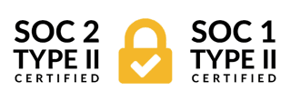 SOC 2 Type II Certified and SOC 1 Type II Certified, with a yellow security padlock and checkmark.