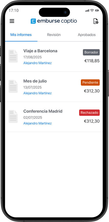 A smartphone screen displaying the "emburse captio" app with a list of expense reports showing draft, pending, and rejected statuses.
