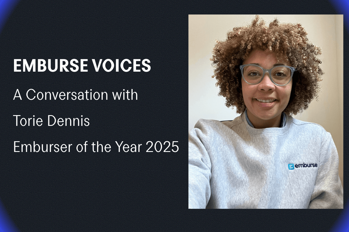 Text: Emburse Voices, A Conversation with Torie Dennis, Emburser of the Year 2025. Photo shows Torie Dennis smiling in an Emburse sweatshirt.