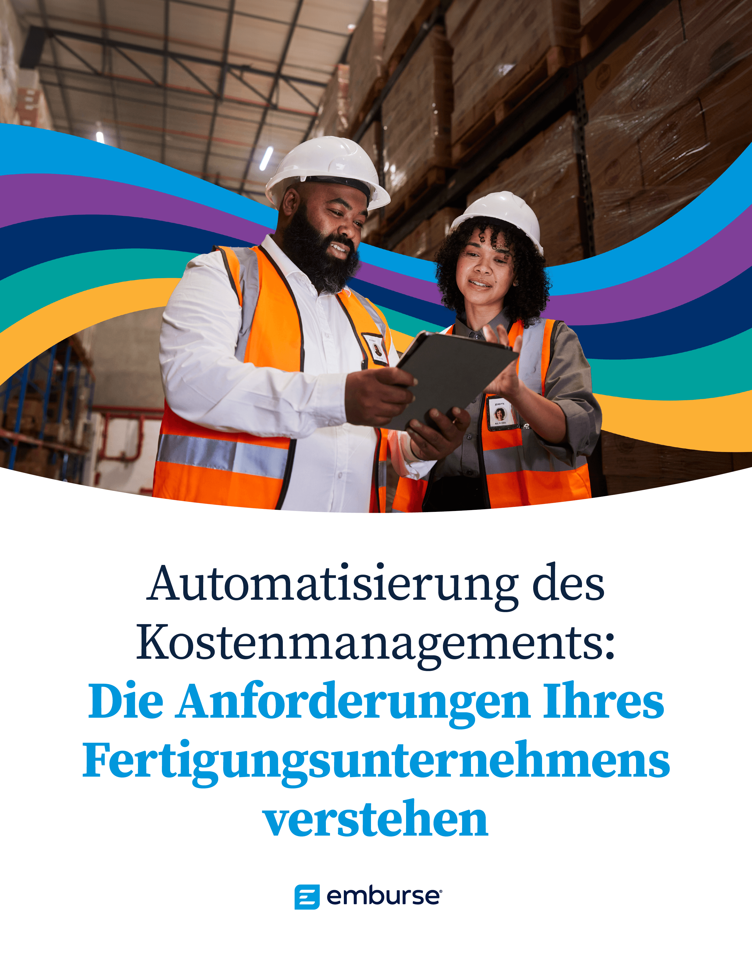 a man and a woman are looking at a tablet in a warehouse