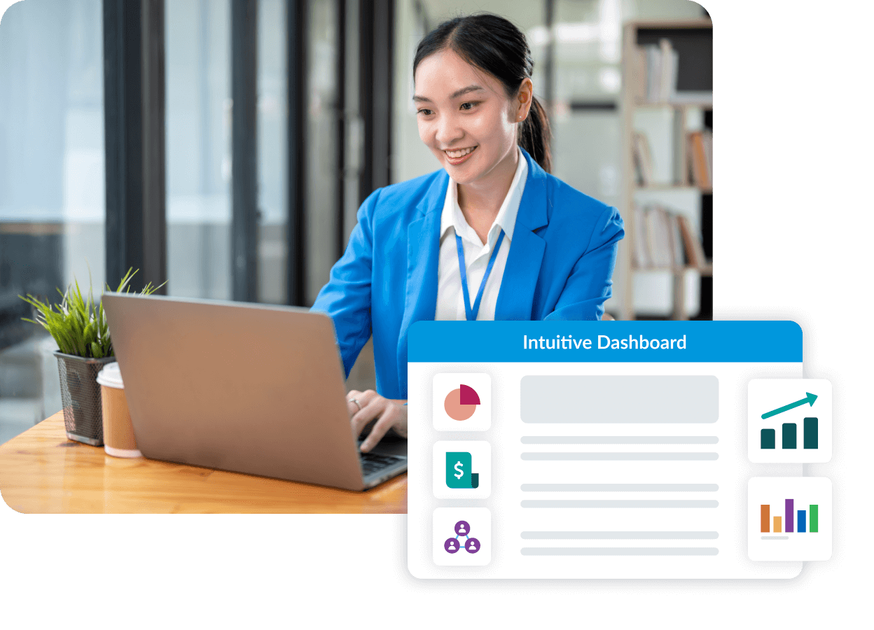 a woman in a blue jacket is using an intuitive dashboard on her laptop