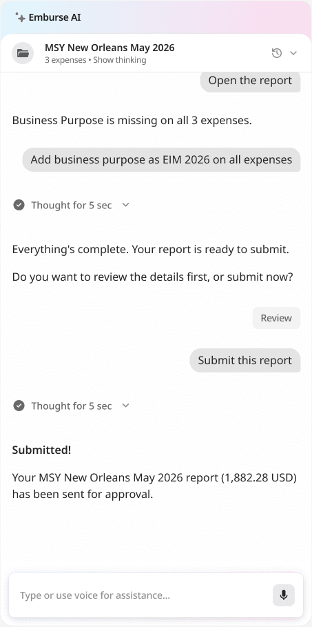 Emburse AI chat interface guiding a user through an expense report submission, showing prompts for missing information, confirmation of completion, and final submission.