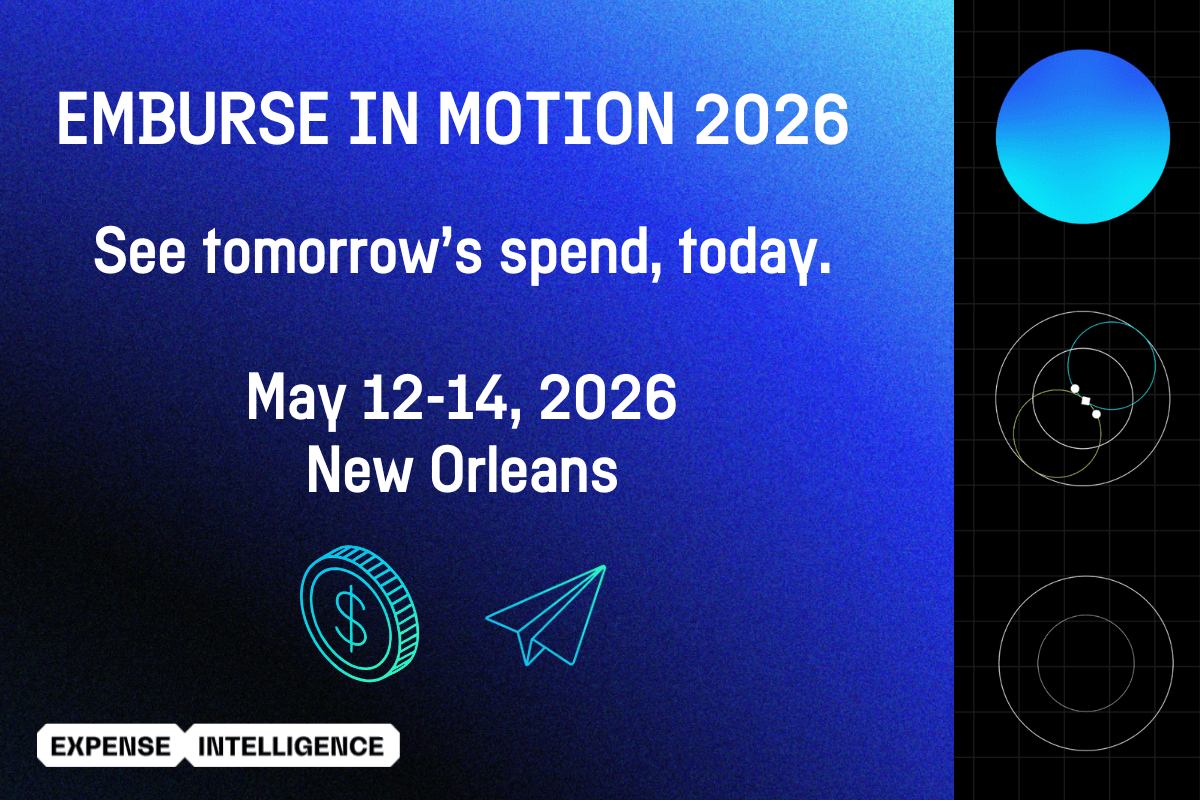 EMBURSE IN MOTION 2026 event ad: "See tomorrow's spend, today." May 12-14, 2026, New Orleans. Expense Intelligence.