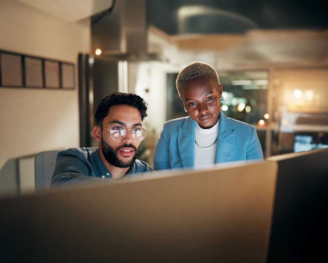 a man and a woman are looking at a computer screen