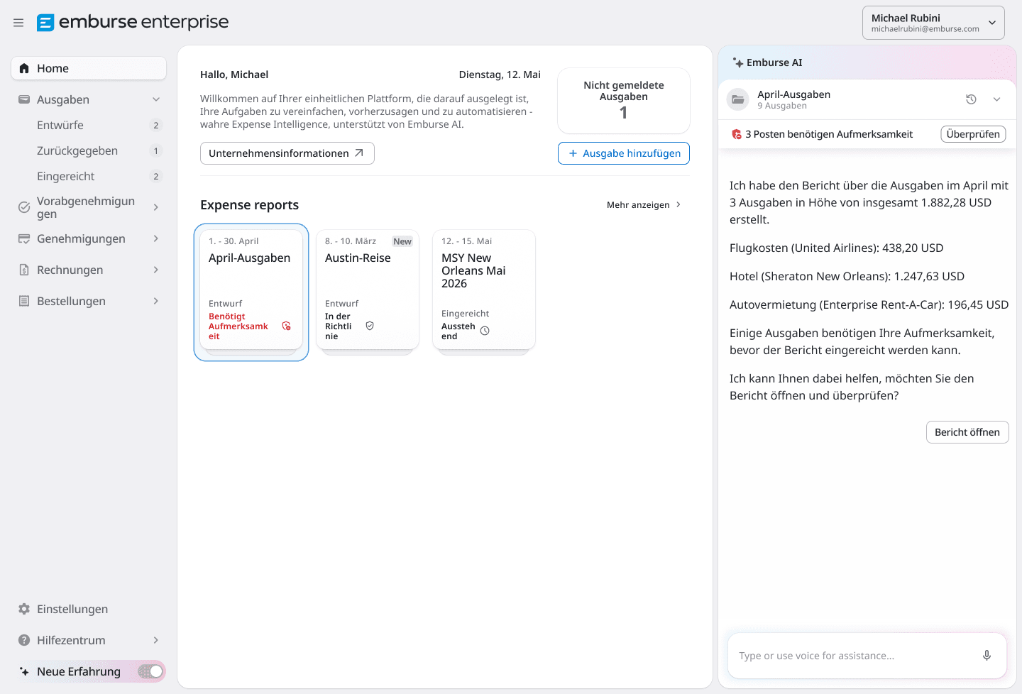 Screenshot of the Emburse Enterprise expense management dashboard, featuring expense reports and an AI assistant detailing an April report needing attention, all in German.