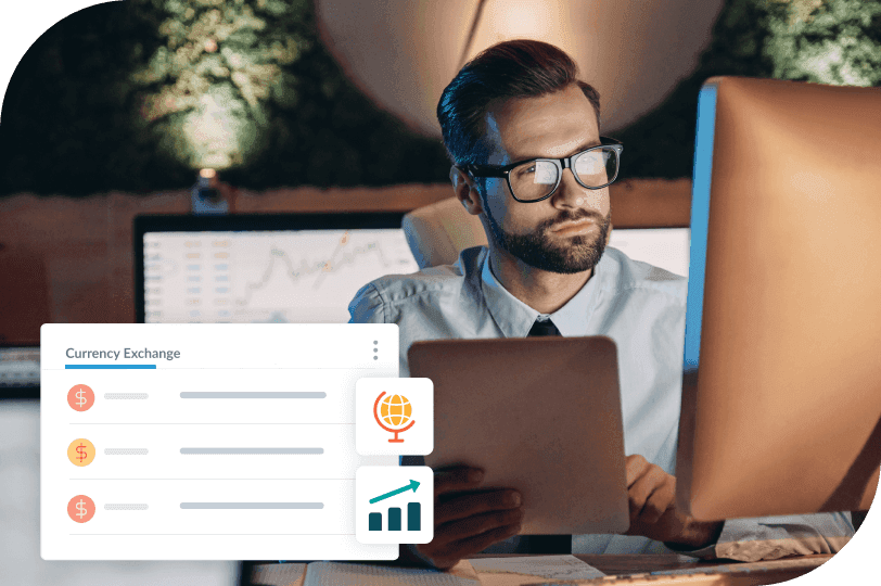 A man in glasses at computers, overlaid with a "Currency Exchange" interface displaying financial symbols.