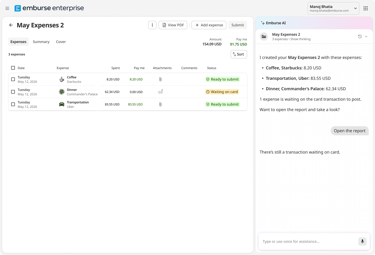 An expense report interface showing a list of expenses like coffee, dinner, and transportation, with an AI chatbot summarizing the report and prompting user actions.