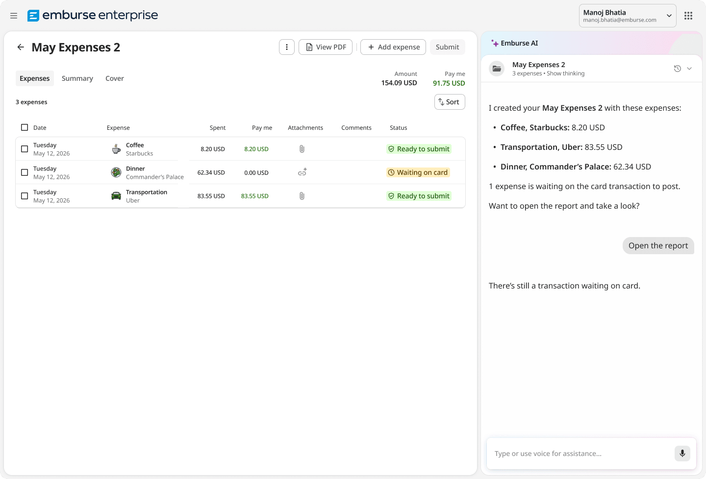 Emburse Enterprise expense report interface for "May Expenses 2" displays listed expenses and an AI assistant providing a summary.