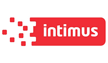 a red and white logo for intimus on a white background