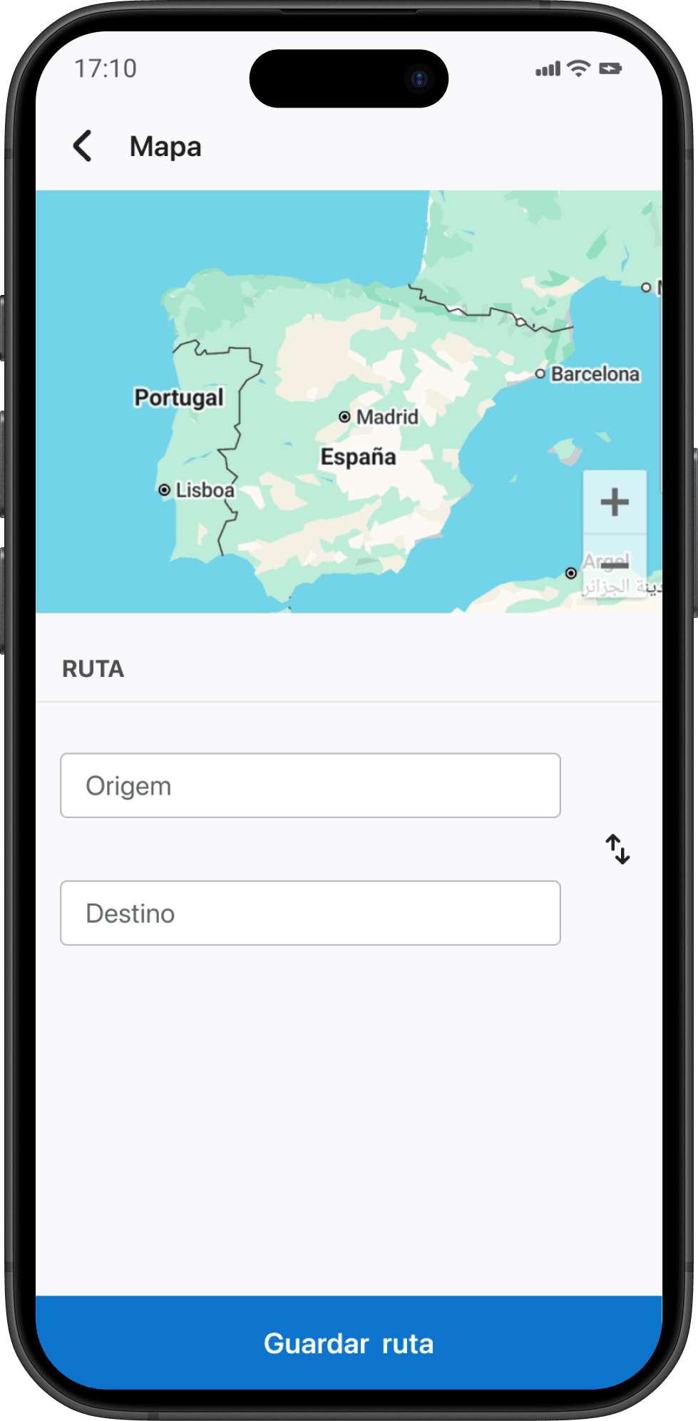 A smartphone displaying a map of the Iberian Peninsula with a route planning interface for origin and destination, and a "Guardar ruta" (Save route) button.