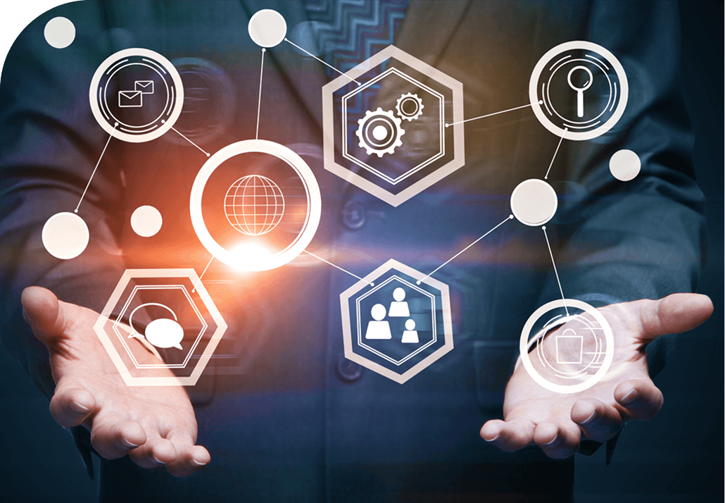 Hands of a person in a suit presenting a glowing network of interconnected business and communication icons.