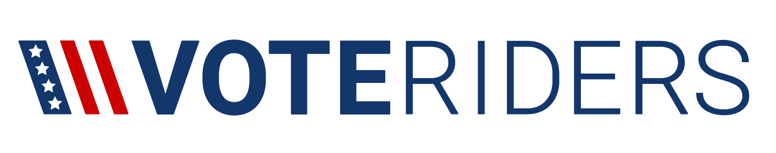 Voteriders logoers logo with an American flag-inspired graphic to the left of the text. 'VOTE' is solid dark blue, 'RIDERS' is outlined dark blue.