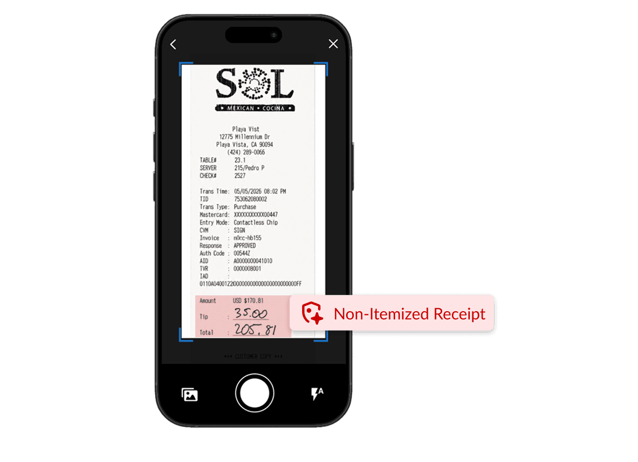 A smartphone displaying a receipt with a red "Non-Itemized Receipt" label overlay.