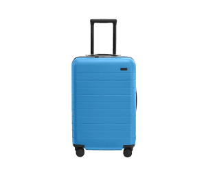 a blue suitcase with black wheels and a black handle on a white background .