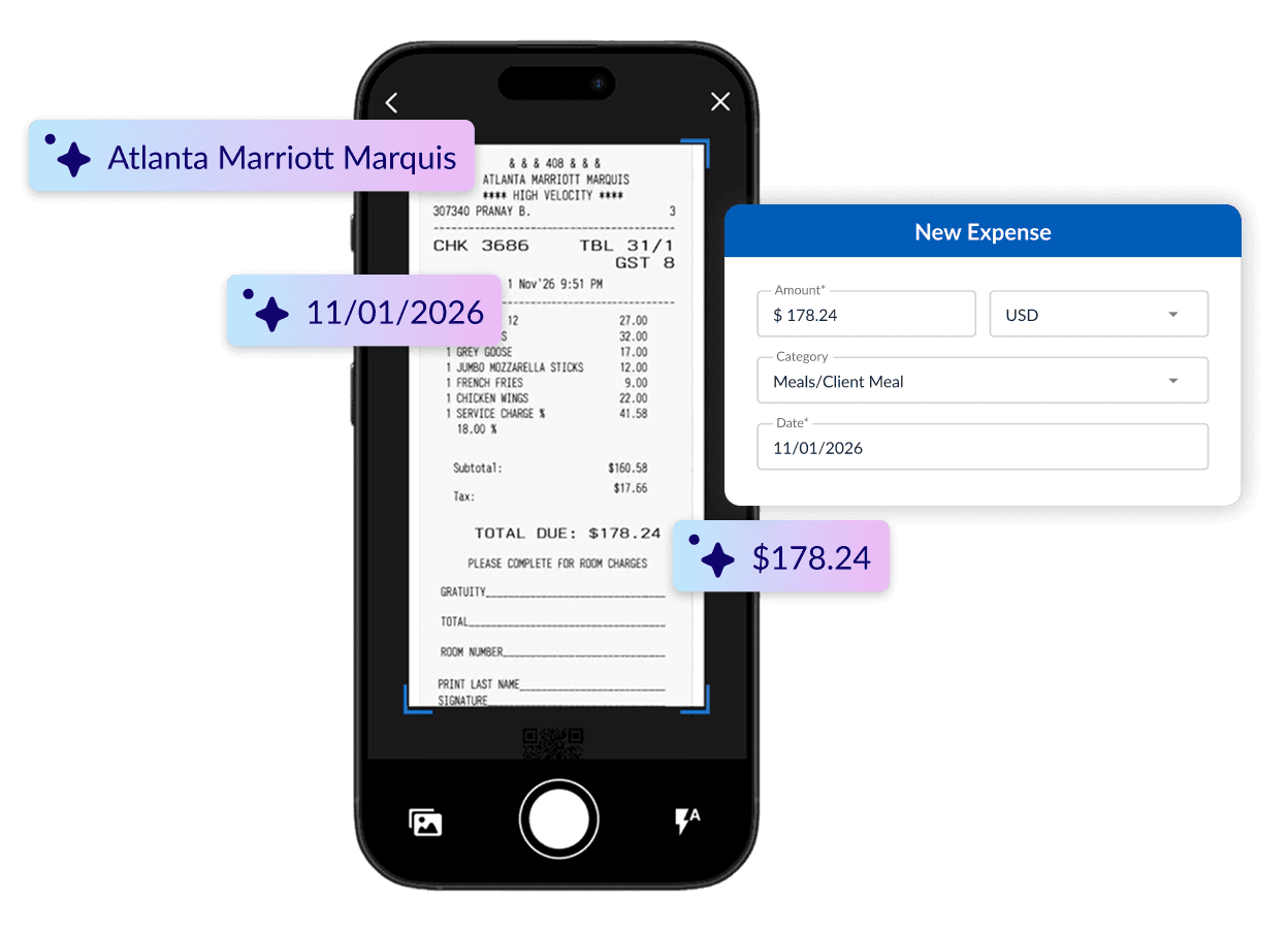 A smartphone scans a receipt, automatically extracting and populating an expense form with details like hotel name, date, and total amount.
