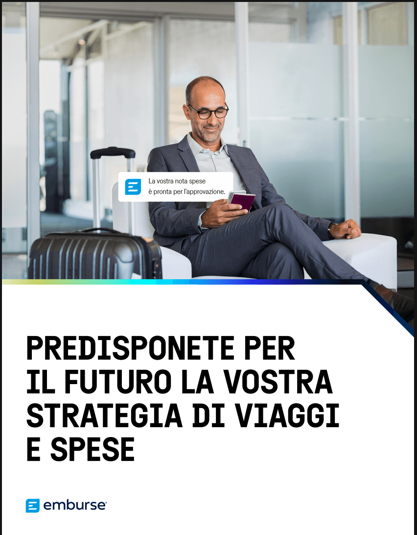 Businessman in an airport lounge looking at a phone displaying an expense report notification. Overlay text reads "Prepare your travel and expense strategy for the future" with the Emburse logo.