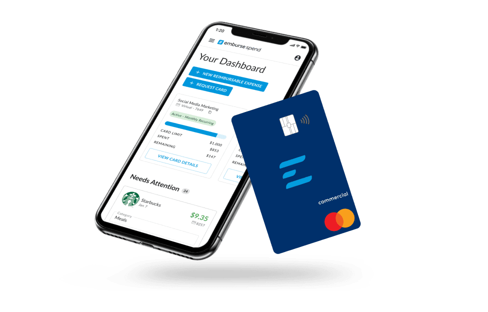Emburse Spend app dashboard on an iPhone next to a blue Emburse Spend commercial Mastercard.