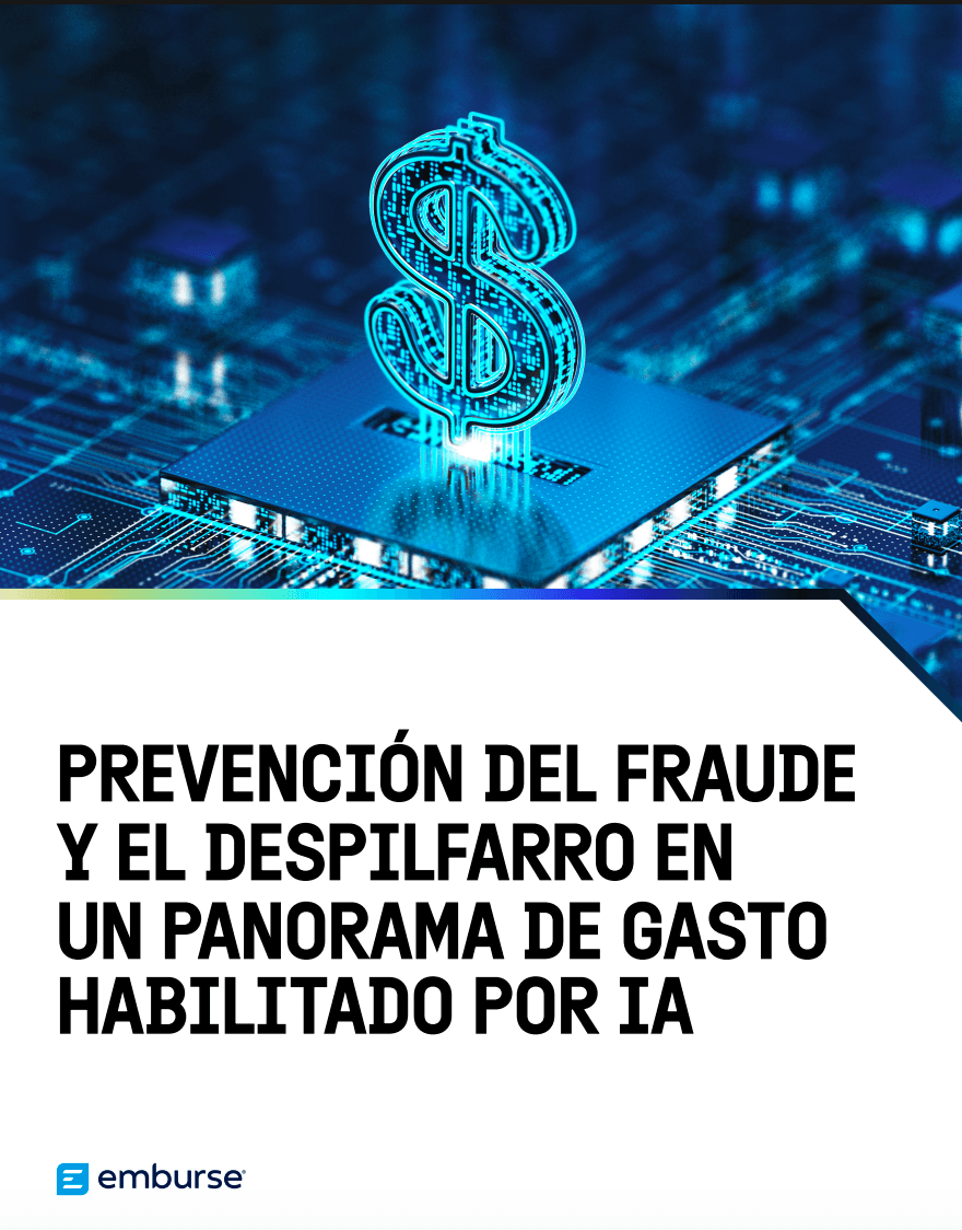 A glowing digital dollar sign on a microchip, with text: "PREVENCIÓN DEL FRAUDE Y EL DESPILFARRO EN UN PANORAMA DE GASTO HABILITADO POR IA."