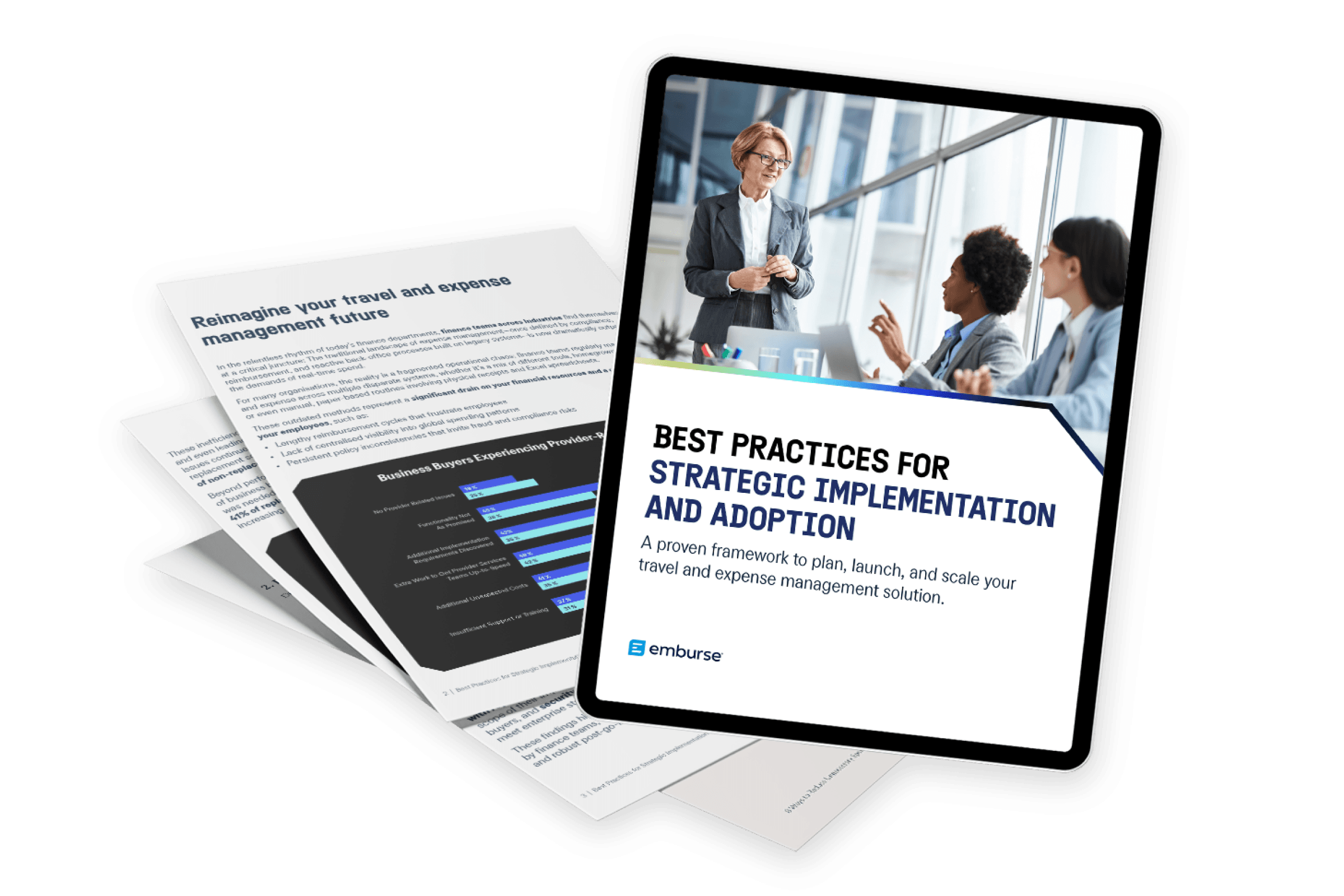 Tablet displaying "Best Practices for Strategic Implementation and Adoption" by Emburse, next to a stack of papers titled "Reimagine your travel and expense management future".