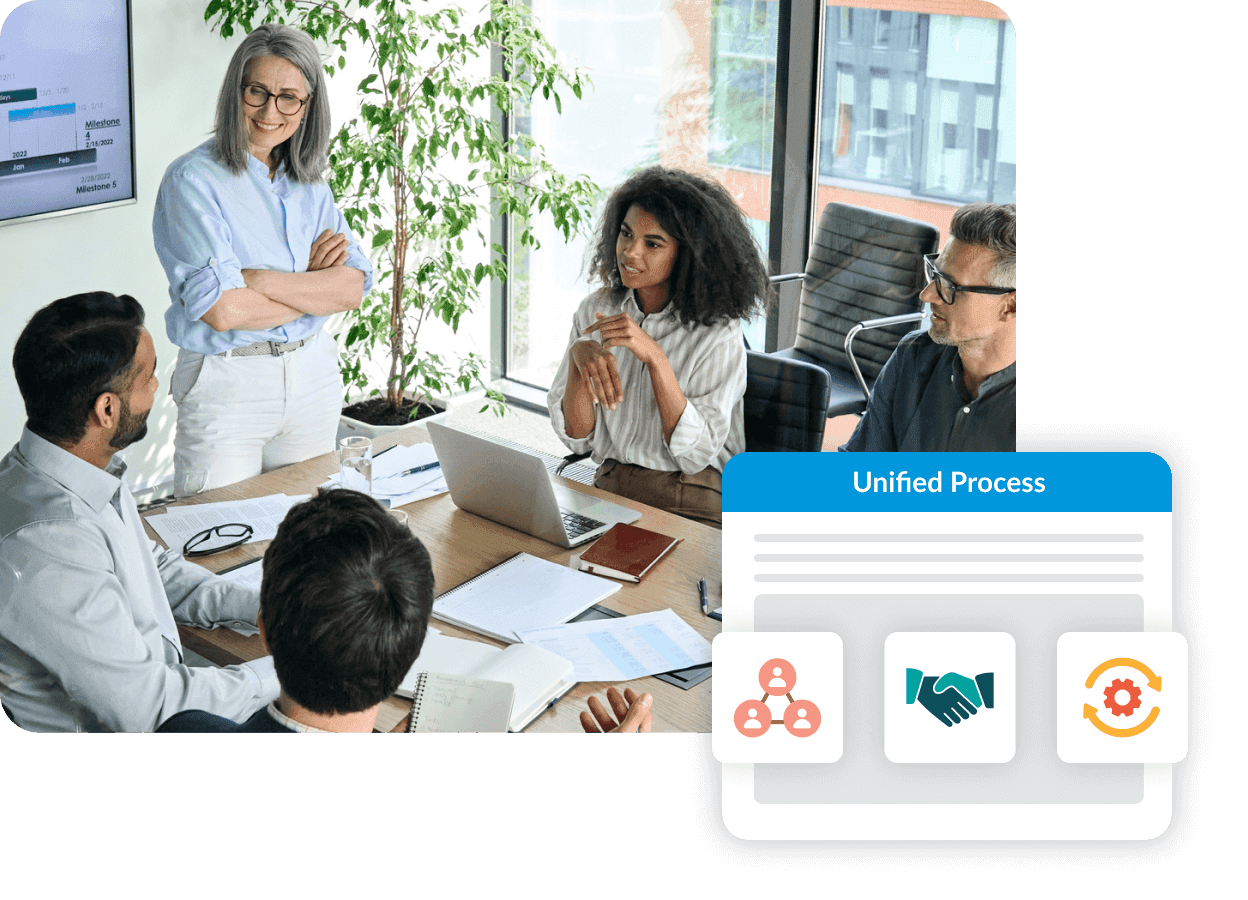 a group of people sitting around a table with a blue box that says unified process