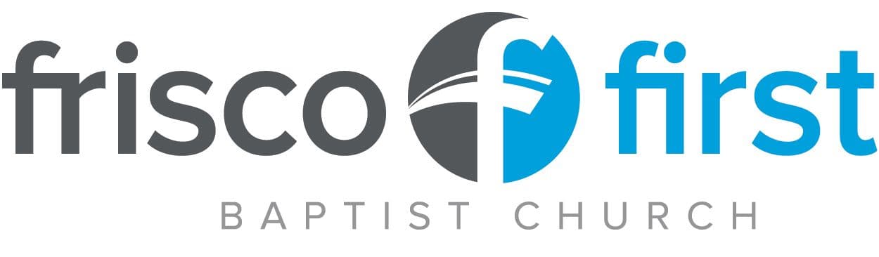 Logo for Frisco First Baptist Church, featuring gray and blue text and a stylized 'f' in a circle.
