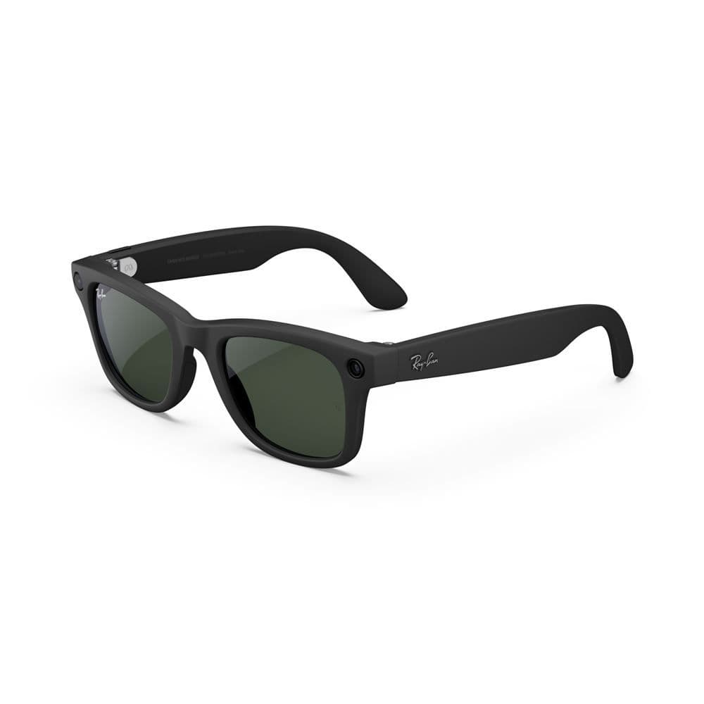 a pair of black ray-ban sunglasses with green lenses on a white background .