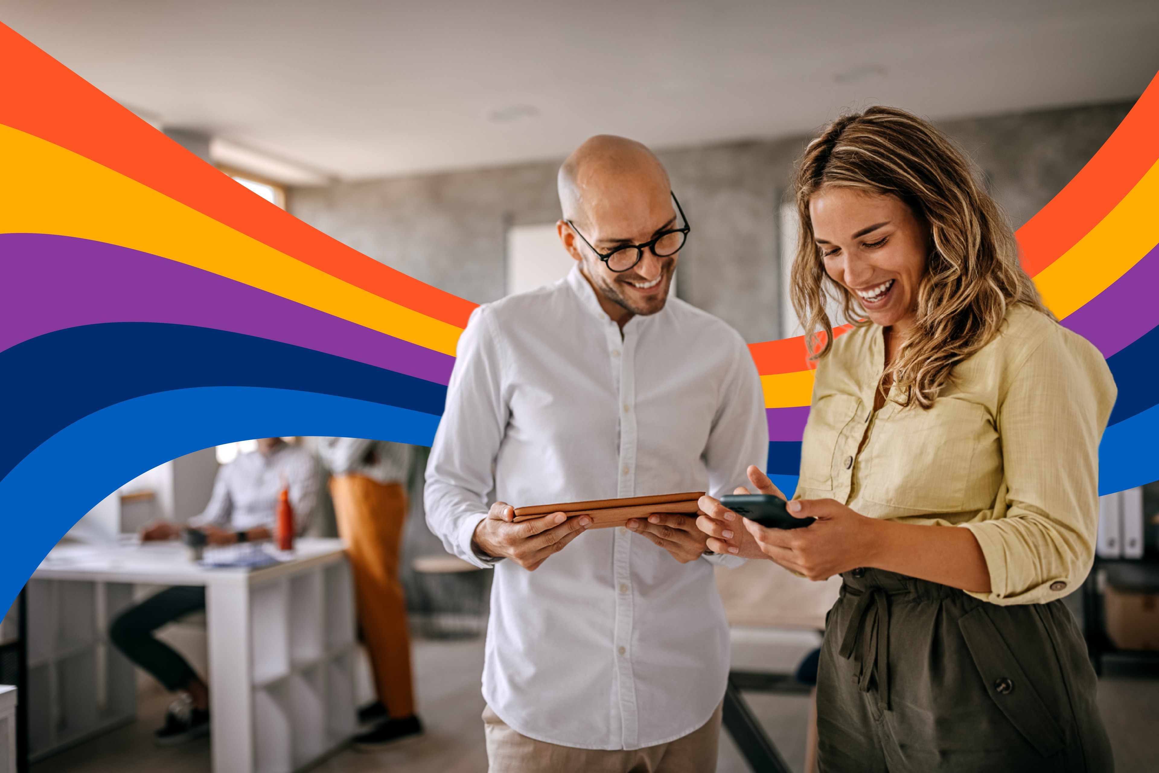Two smiling people look at a smartphone in an office, overlaid with colorful wavy lines.