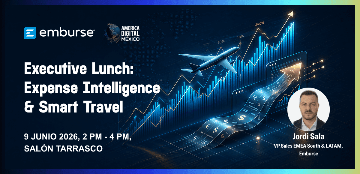 Promotional banner for Emburse's "Executive Lunch: Expense Intelligence & Smart Travel" event on June 9, 2026, featuring speaker Jordi Sala, with visuals of an airplane, rising financial charts, and currency symbols.