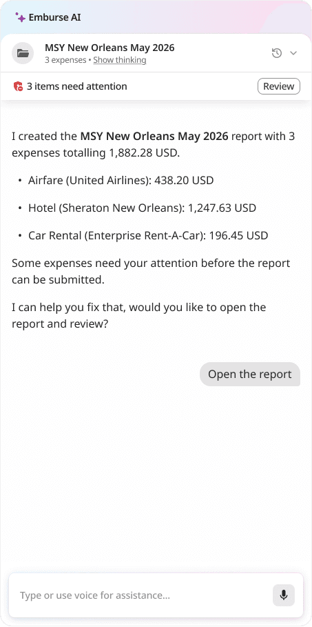Un’interfaccia di assistente AI mostra un rapporto spese per MSY New Orleans, maggio 2026, per un totale di 1.882,28 $, indicando che 3 voci richiedono attenzione e invitando l’utente ad aprirlo e a esaminarlo.