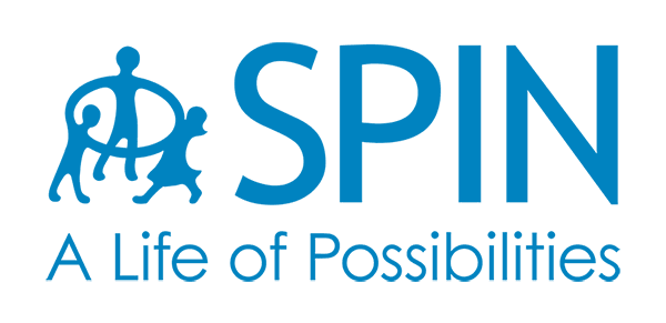 Blue SPIN logo featuring an adult and two children figures forming the "S", with the tagline "A Life of Possibilities".
