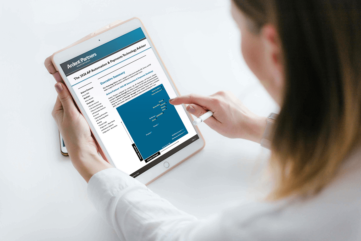 A person uses a stylus to interact with a tablet displaying "The 2016 AP Automation & Payments Technology Advisor" by Ardent Partners.