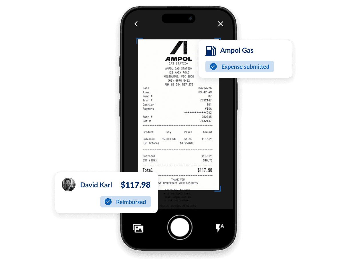 A smartphone displays a scanned Ampol gas station receipt, with pop-ups indicating the expense has been submitted and then reimbursed to David Karl for $117.98.