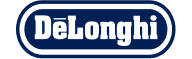 a blue delonghi logo on a black background