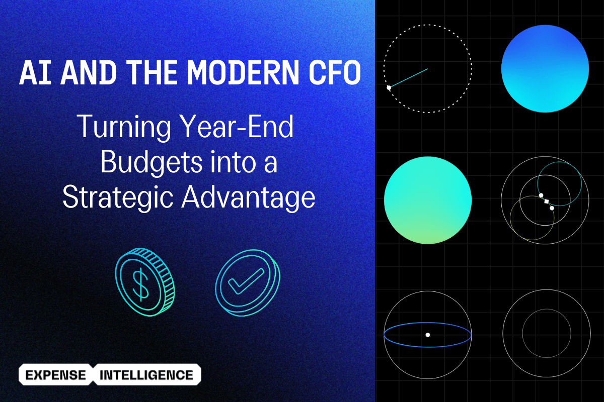 Promotional graphic titled "AI and the Modern CFO: Turning Year-End Budgets into a Strategic Advantage," featuring financial icons and abstract geometric designs, by Expense Intelligence.