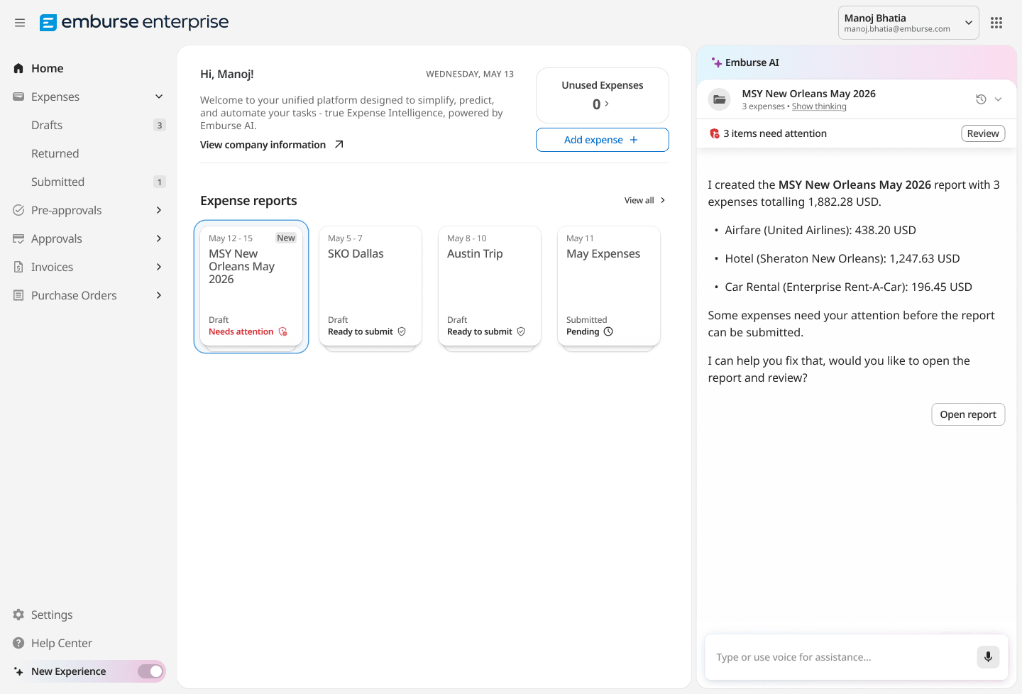 An Emburse Enterprise expense management software interface, displaying a user's dashboard with "Expense reports." The "MSY New Orleans May 2026" report is marked "needs attention," and an AI assistant on the right offers to help fix it, summarizing expenses totaling $1,882.28.