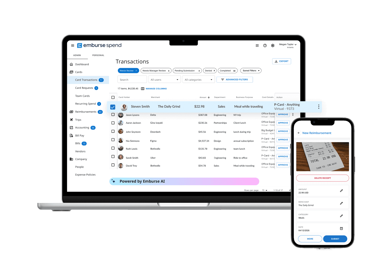 Emburse Spend dashboard on a laptop displaying transactions, and a smartphone showing a receipt for a new reimbursement.