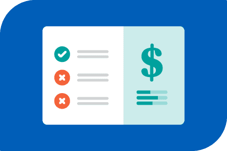 A white document showing a checklist with one green checkmark and two red X's, alongside a dollar sign and three progress bars.