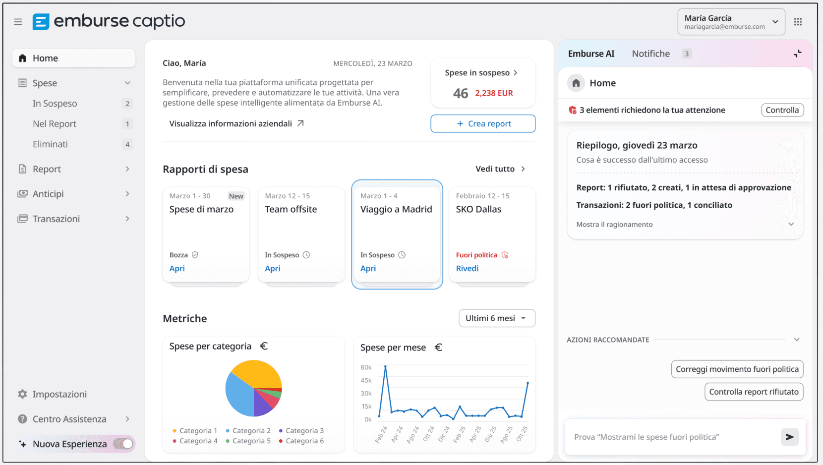 Emburse Captio expense management software dashboard displaying expense reports, spending metrics, and notifications.
