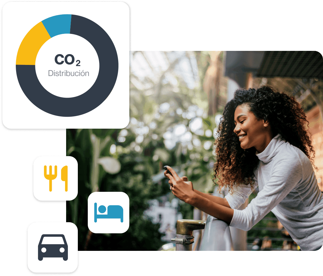 a woman looking at her phone next to a pie chart that says co2 distribucion