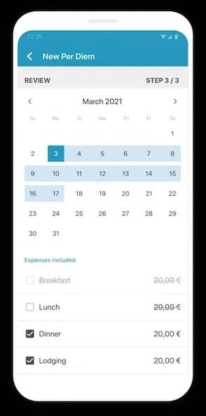 Mobile app screen showing a per diem review for March 2021, with a calendar highlighting dates and a list of expenses, including checked Dinner and Lodging for 20,00€ each.