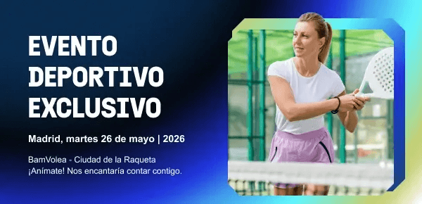 Promotional image for the Embursé Padel & Networking event, featuring a woman holding a padel racket on a court, with event details and a "CONECTEMOS" button.