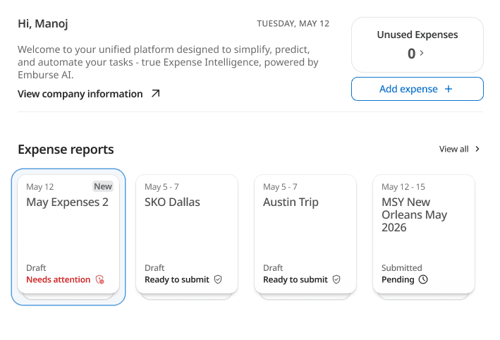 Dashboard di gestione spese Emburse AI con un messaggio di benvenuto a Manoj, che mostra zero spese inutilizzate, un pulsante "Aggiungi spesa" e diversi report spese, tra cui uno "Richiede attenzione" e altri "Pronti per l’invio" o "In sospeso".